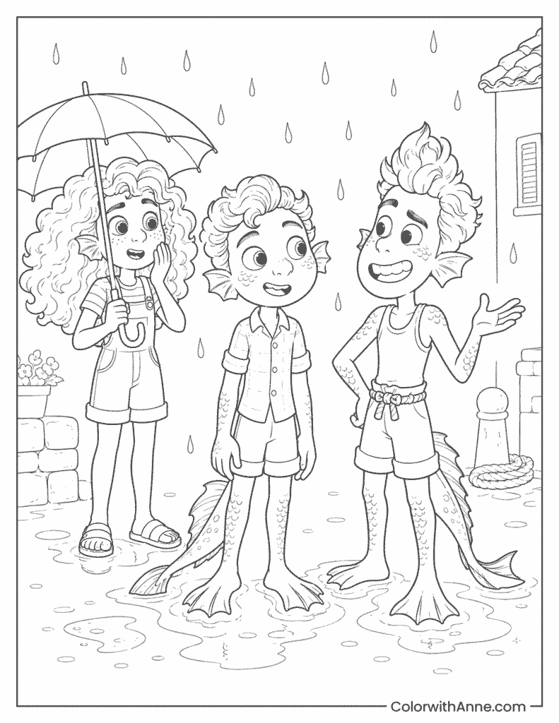 Luca and Alberto in the Rain Coloring Page