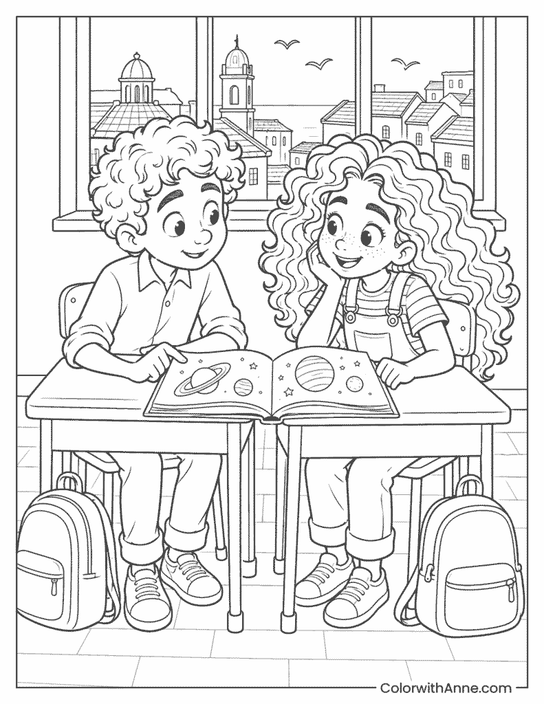 Luca and Giulia at School Coloring Page