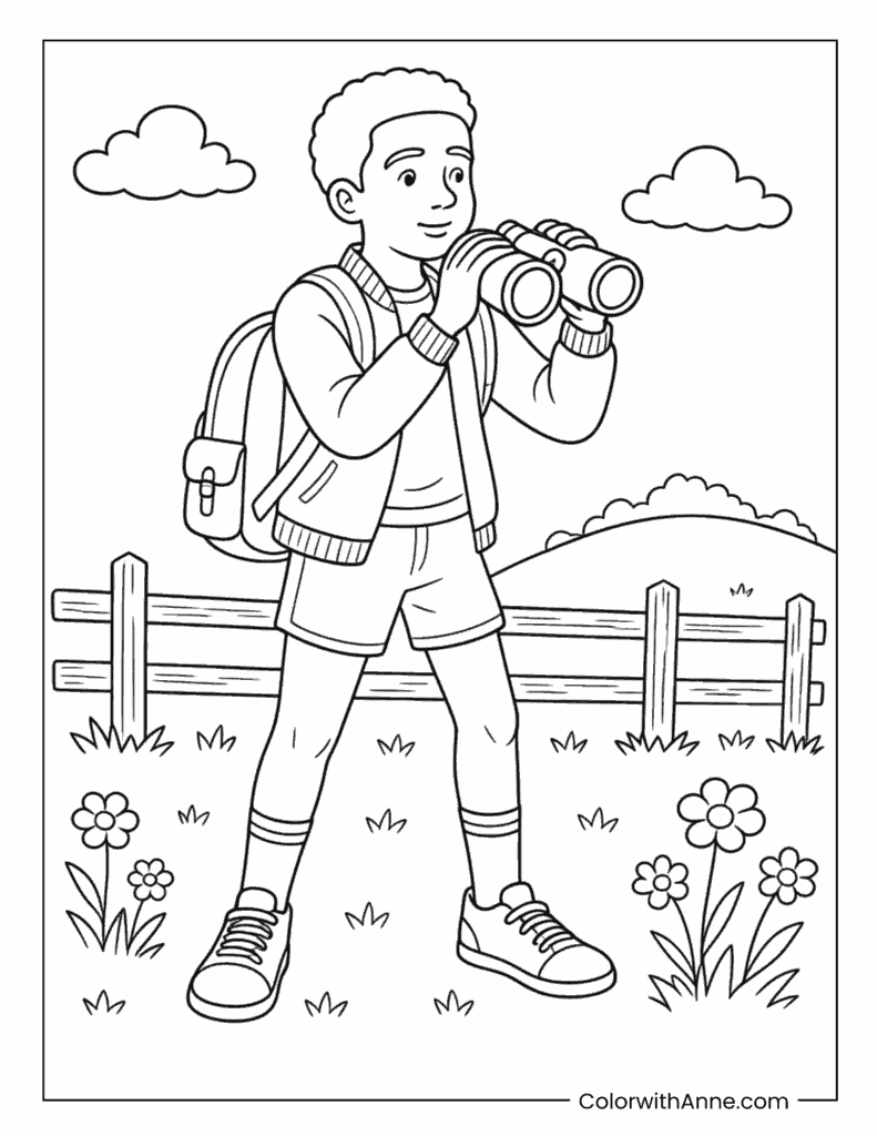 Lucas with Binoculars Coloring Page