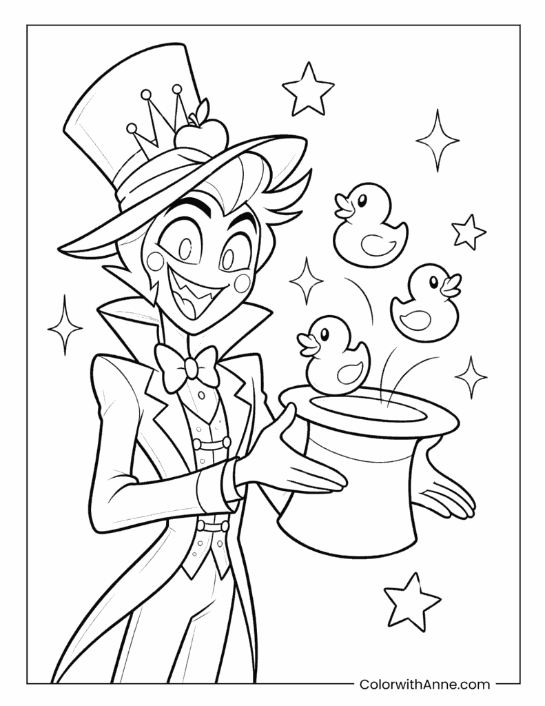 Lucifer Morningstar Performing a Rubber Duck Magic Trick Coloring Page