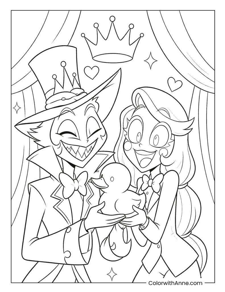 Lucifer Morningstar and Charlie Morningstar Holding a Rubber Duck Coloring Page