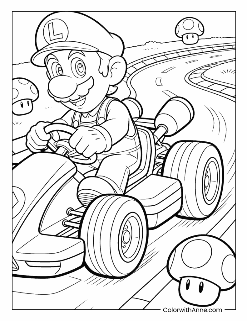Luigi Driving a Kart on a Mushroom-Filled Track Coloring Page
