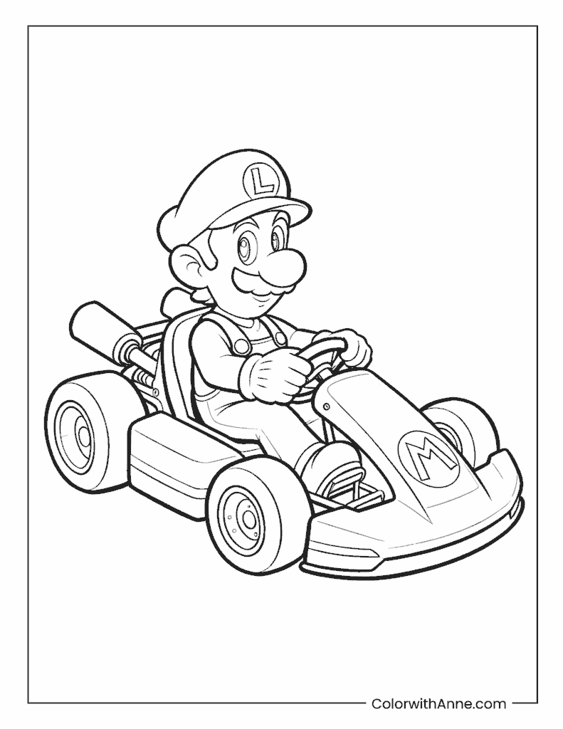 Luigi Driving a Mario Kart Coloring Page