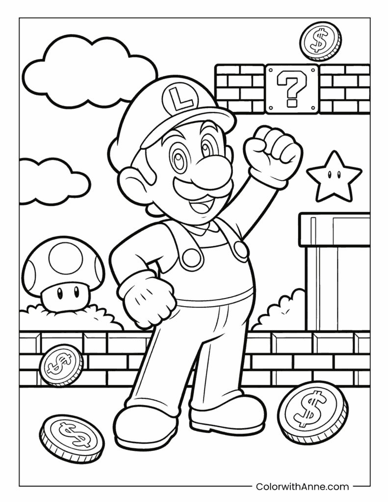 Luigi Posing with Fist Coloring Page