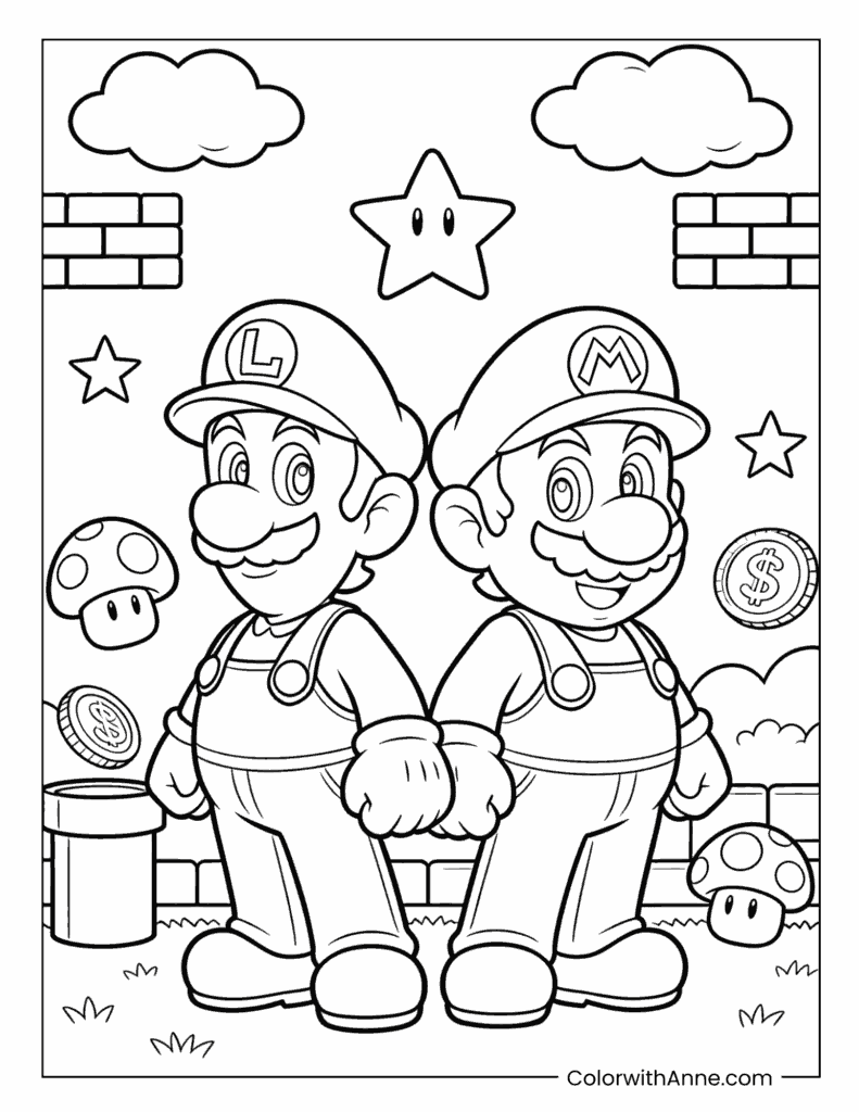 Luigi and Mario Brothers Standing Side by Side Coloring Page