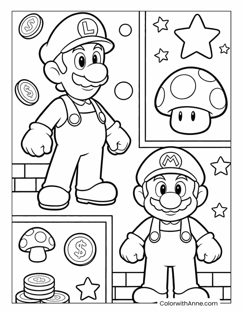 Luigi and Mario Split Layout with Game Icons Coloring Page