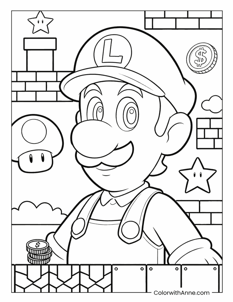 Luigi with Classic Mario Game Elements Coloring Page
