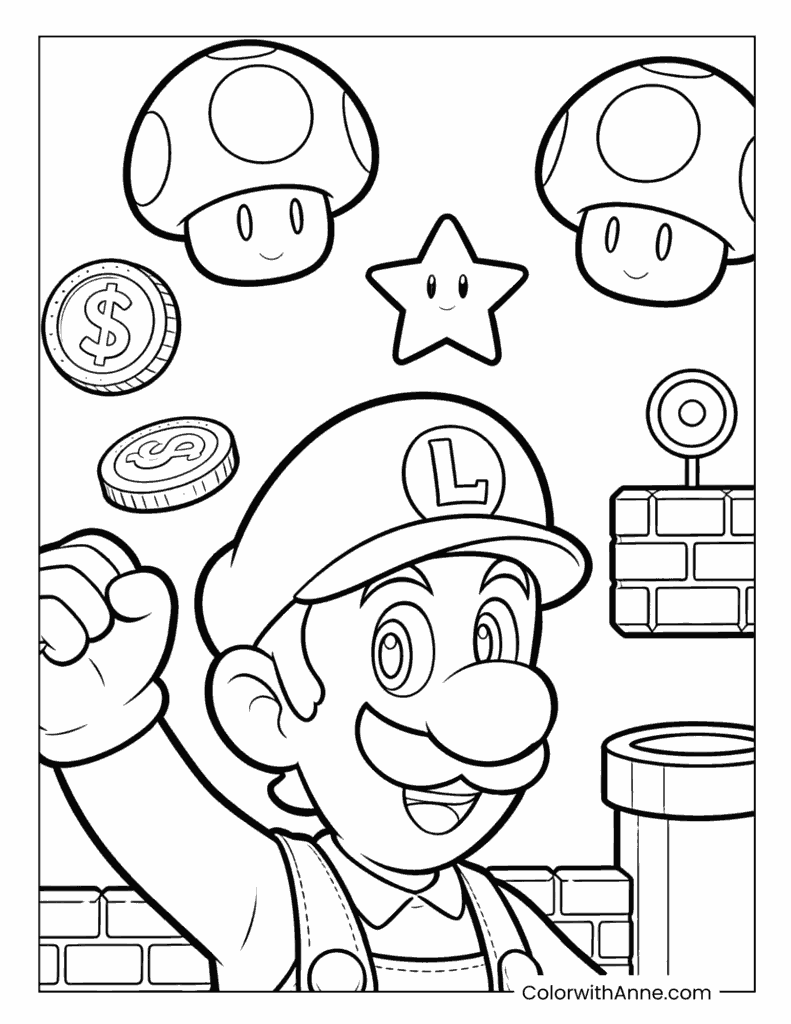 Luigi with Raised Fist Surrounded by Coins and Stars Coloring Page