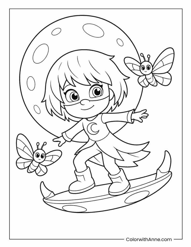 Luna Girl Riding Her Luna Board with Moths Coloring Page