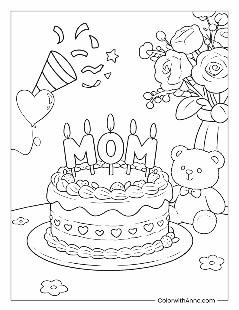 MOM Cake and Teddy Bear Celebration Coloring Page