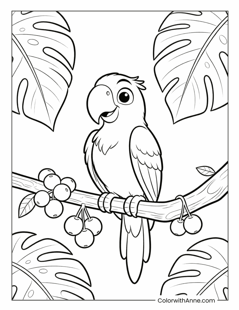 Macaw on Branch with Tropical Fruit Coloring Page