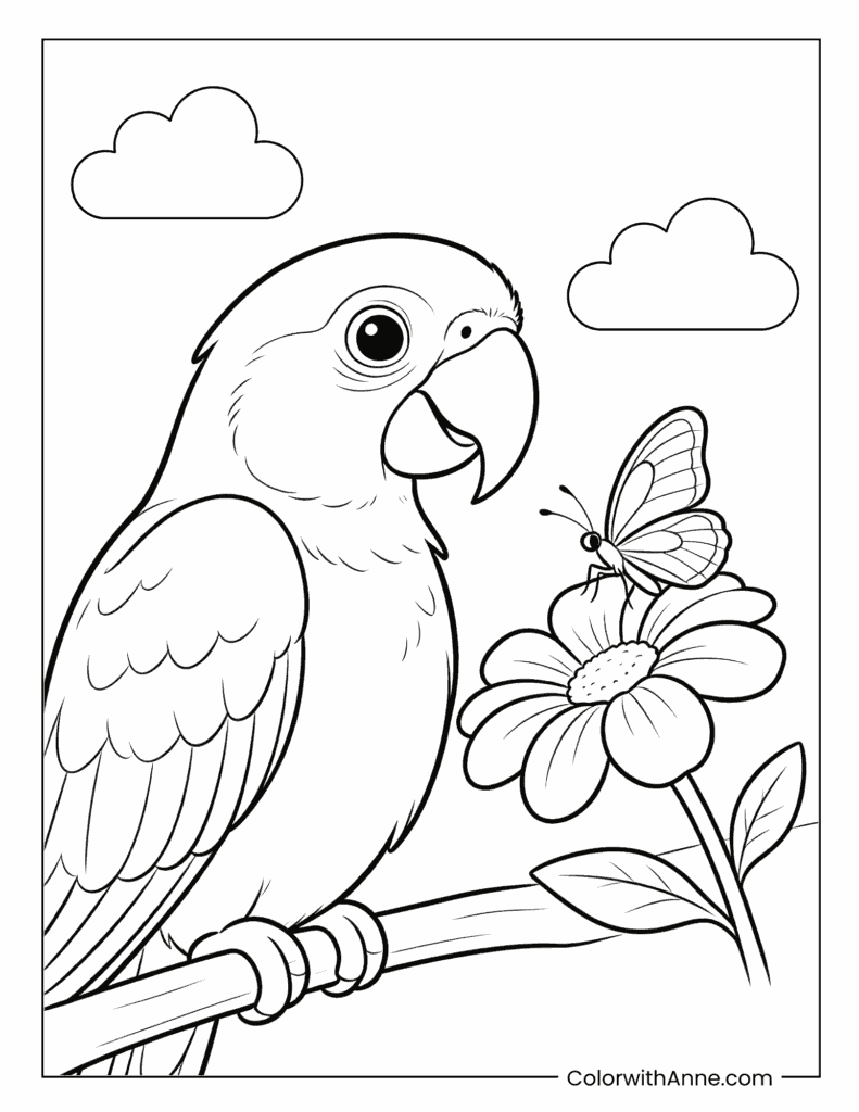 Macaw with Butterfly and Flower Coloring Page