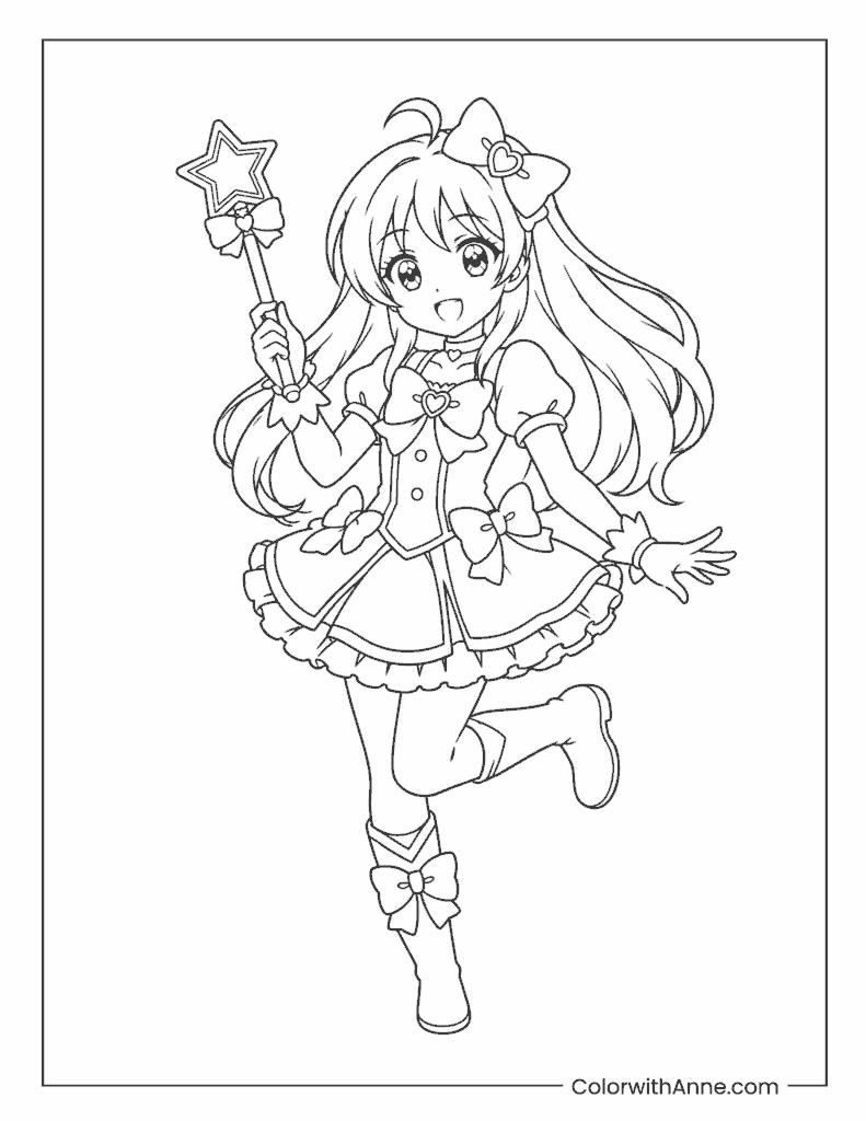 Magical Anime Girl with Star Wand Coloring Page