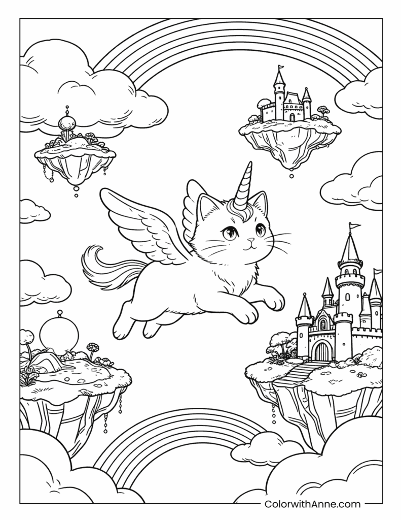 Magical Flying Unicorn Cat with Rainbow Wings and Castle Sky Coloring Page