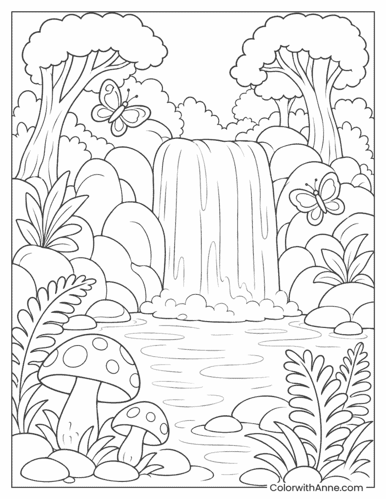Magical Forest Waterfall Coloring Page