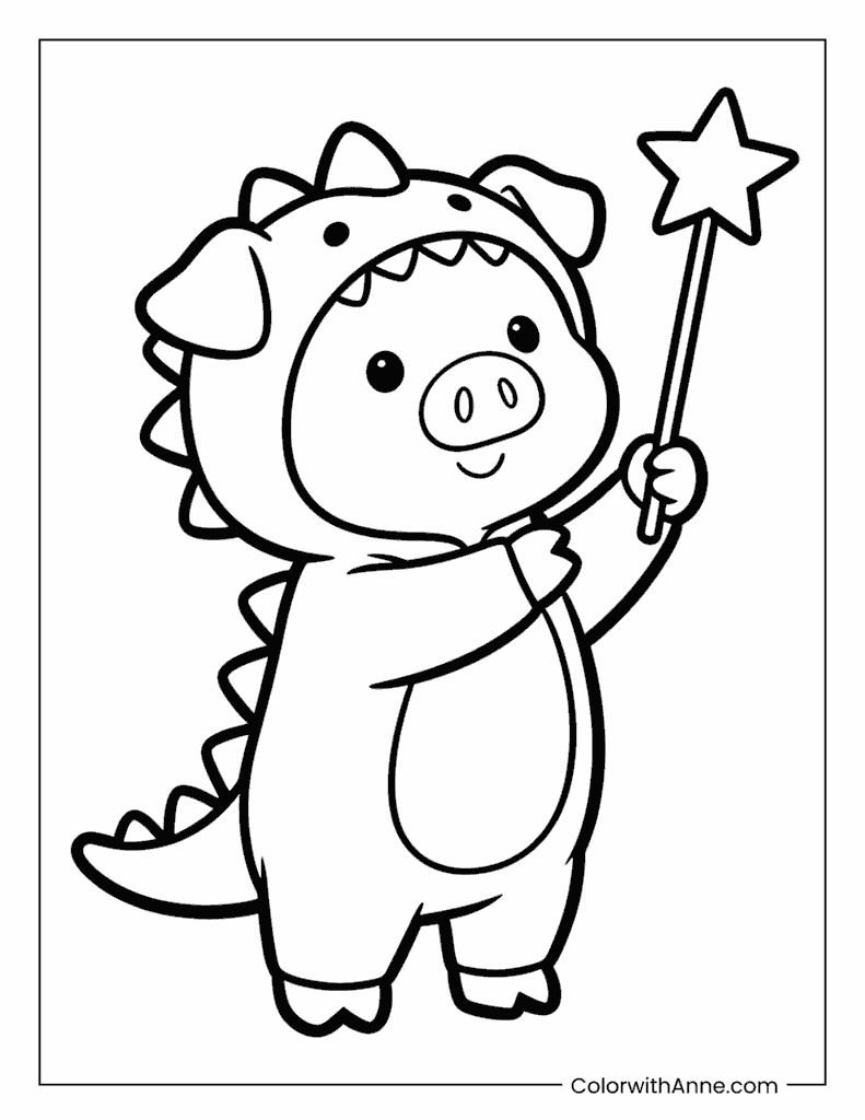 Magical Pig in Dino Costume Coloring Page