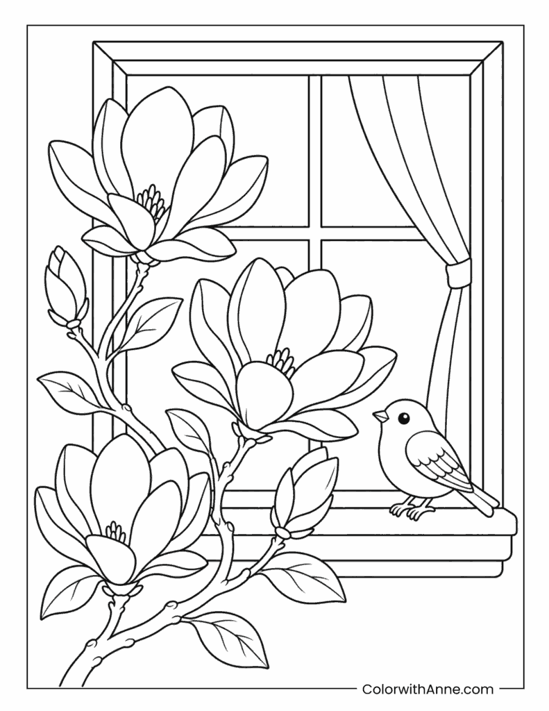 Magnolia Blossoms by the Window with Bird Coloring Page