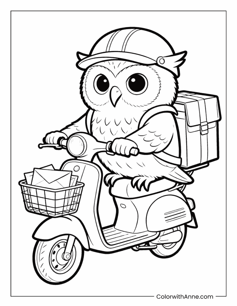 Mail Carrier Owl on a Motorcycle Coloring Page