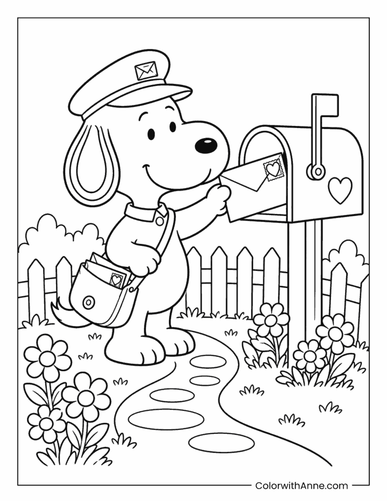 Mail Carrier Snoopy Delivering a Letter to the Mailbox Coloring Page