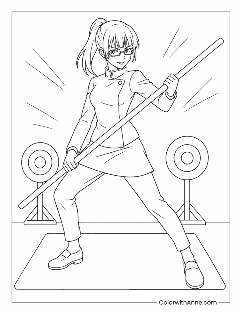Maki Zenin Holding Weapon Coloring Page