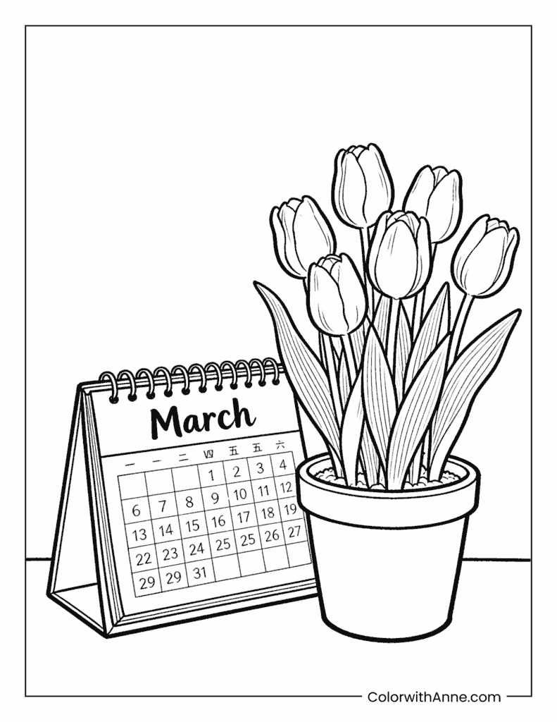 March Calendar with Tulips Coloring Page