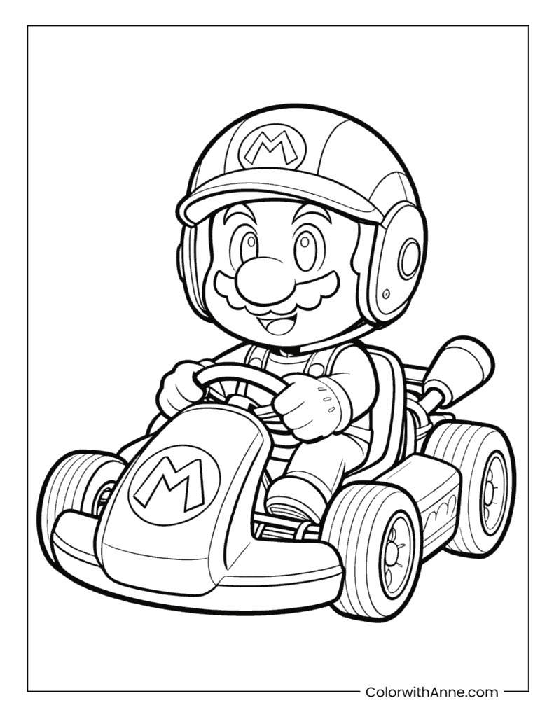 Mario Smiling in the Driver's Seat Coloring Page