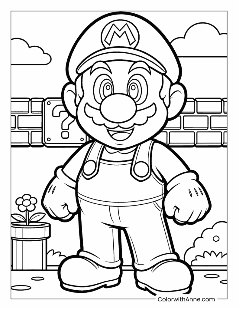 Mario Standing with Brick Wall and Power-Up Background Coloring Page