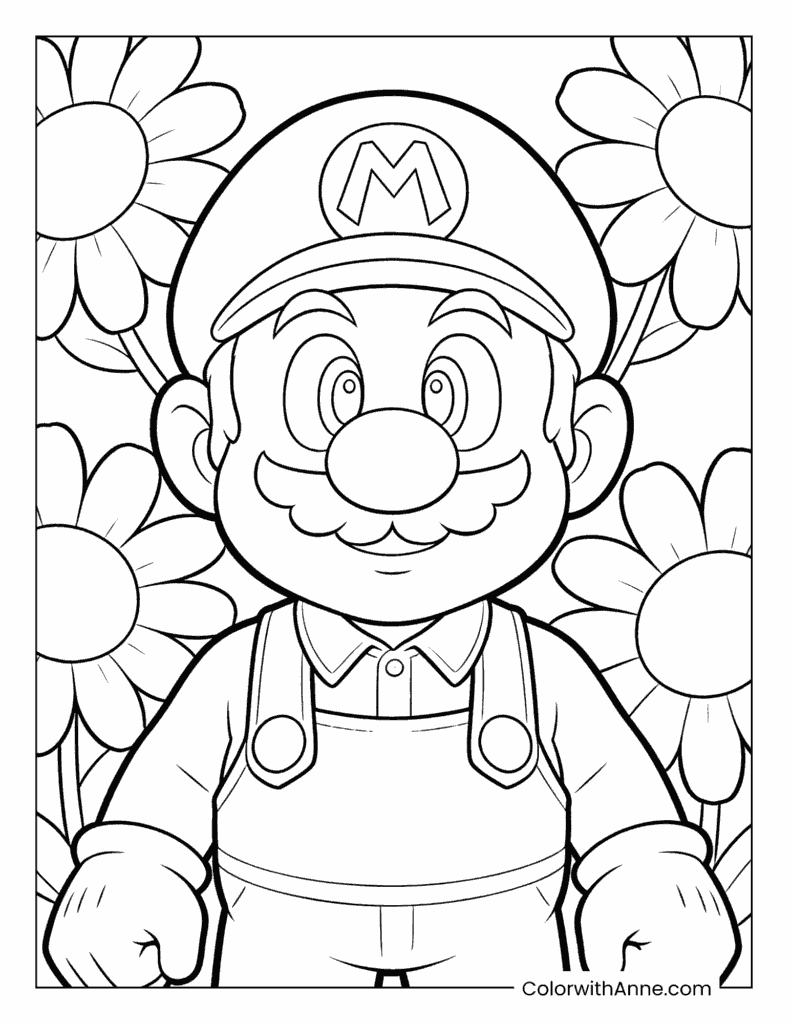 Mario Surrounded by Giant Daisy Flowers Coloring Page