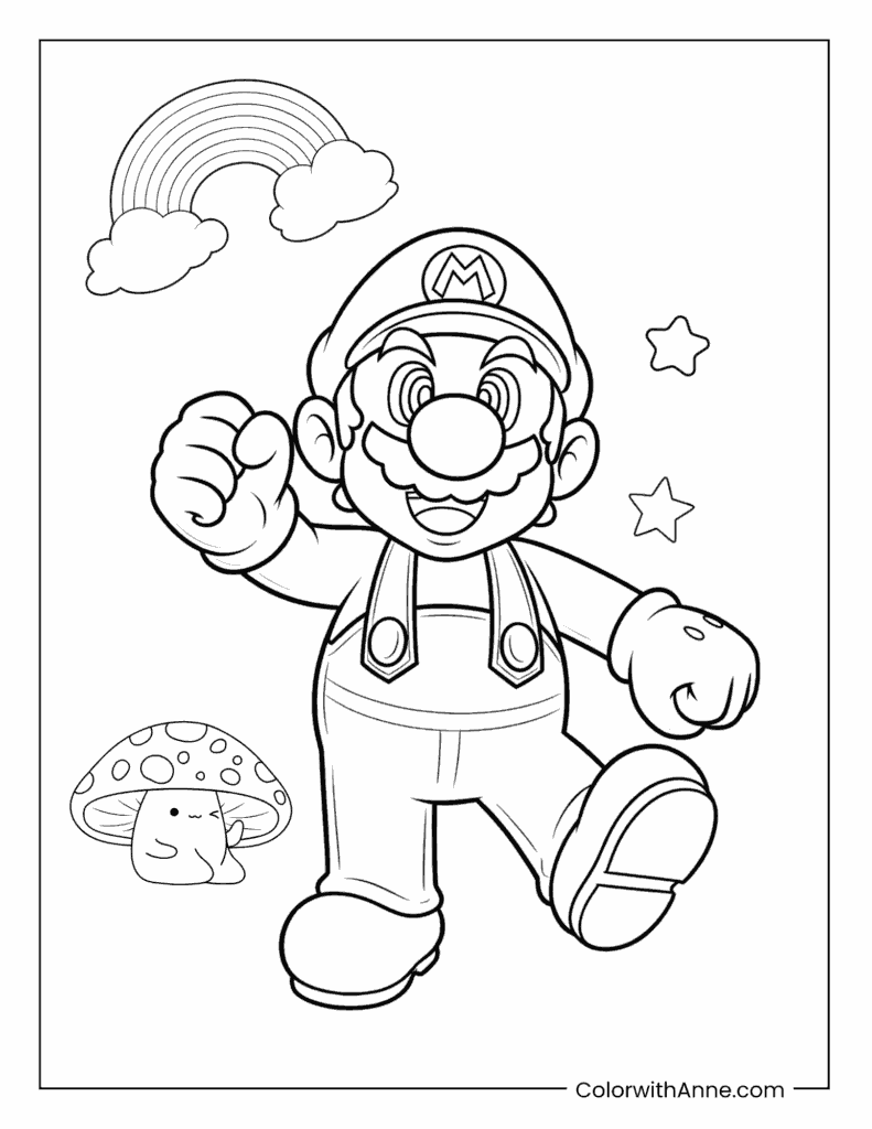 Mario and Rainbow Coloring Page