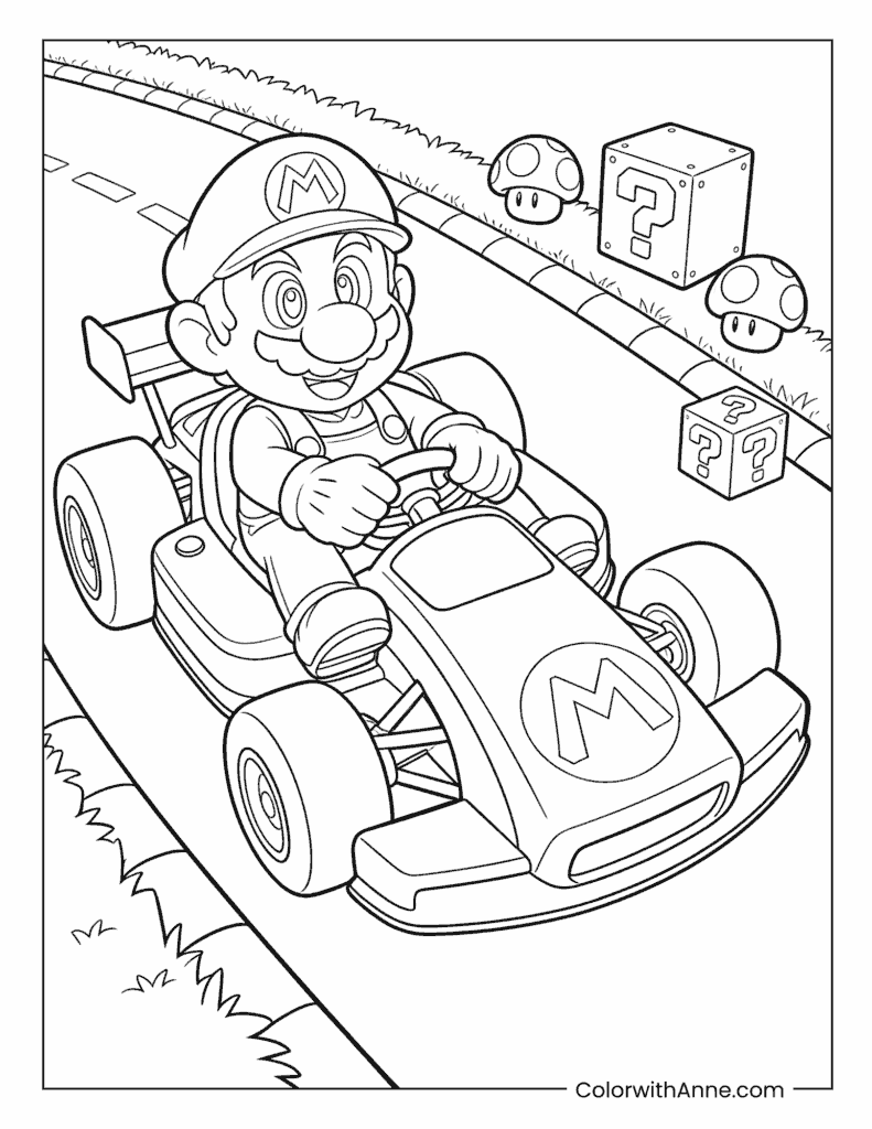 Mario on a Road with Mystery Blocks and Mushrooms Coloring Page