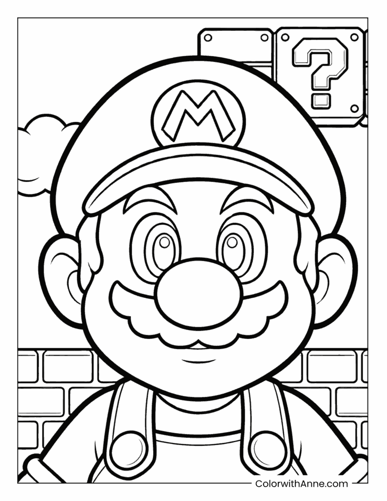 Mario with a Question Block and Clouds Coloring Page