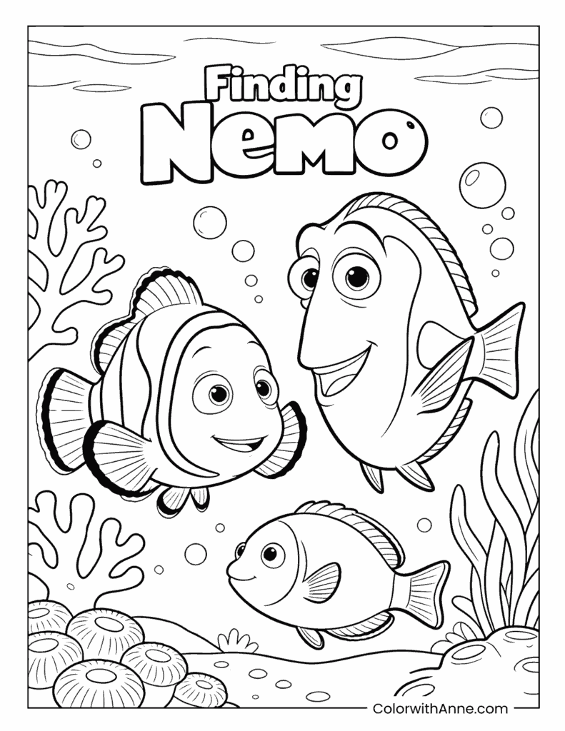 Marlin, Dory, and Friends Finding Nemo Coloring Page