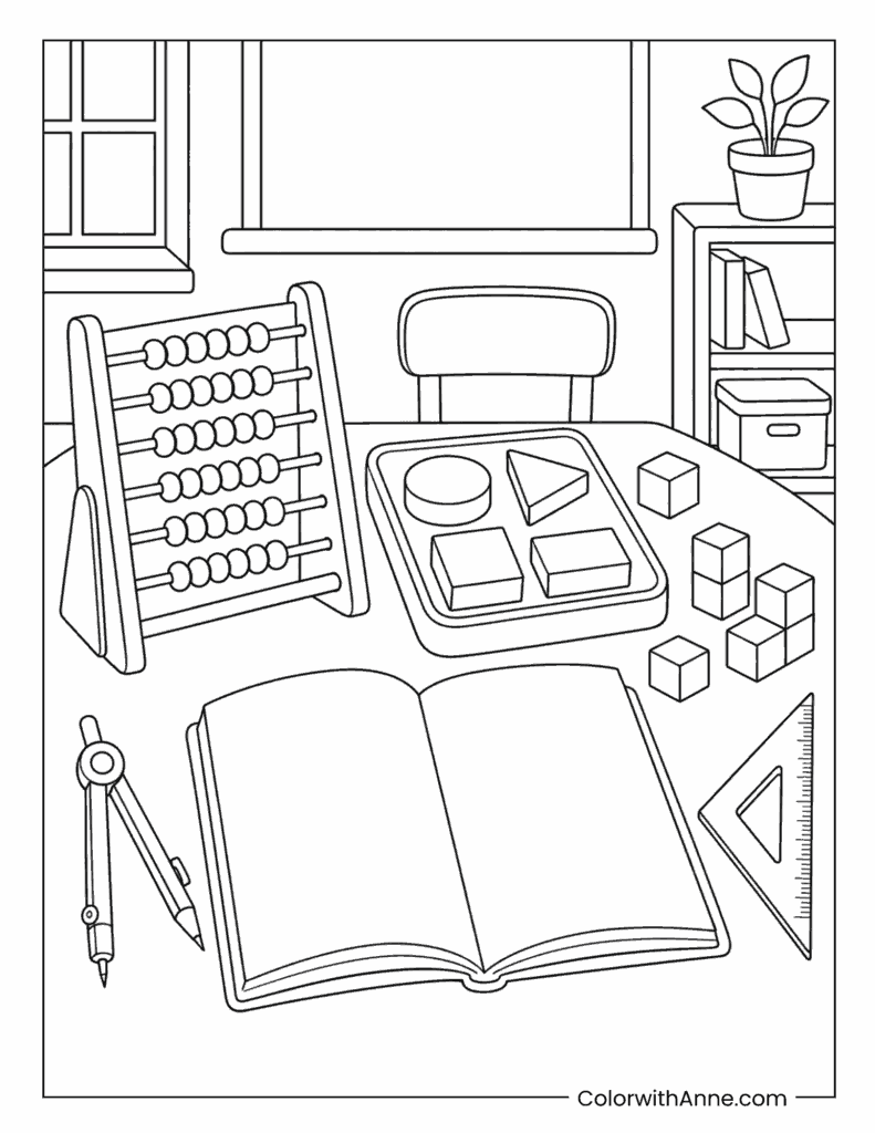 Math Class Desk with Abacus and Shapes Coloring Page