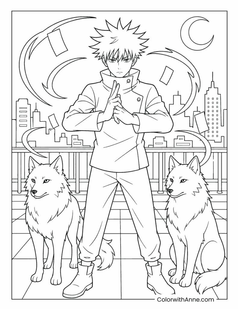Megumi Fushiguro With Divine Dogs Coloring Page
