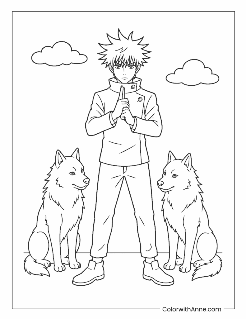 Megumi Fushiguro with Divine Dogs Coloring Page