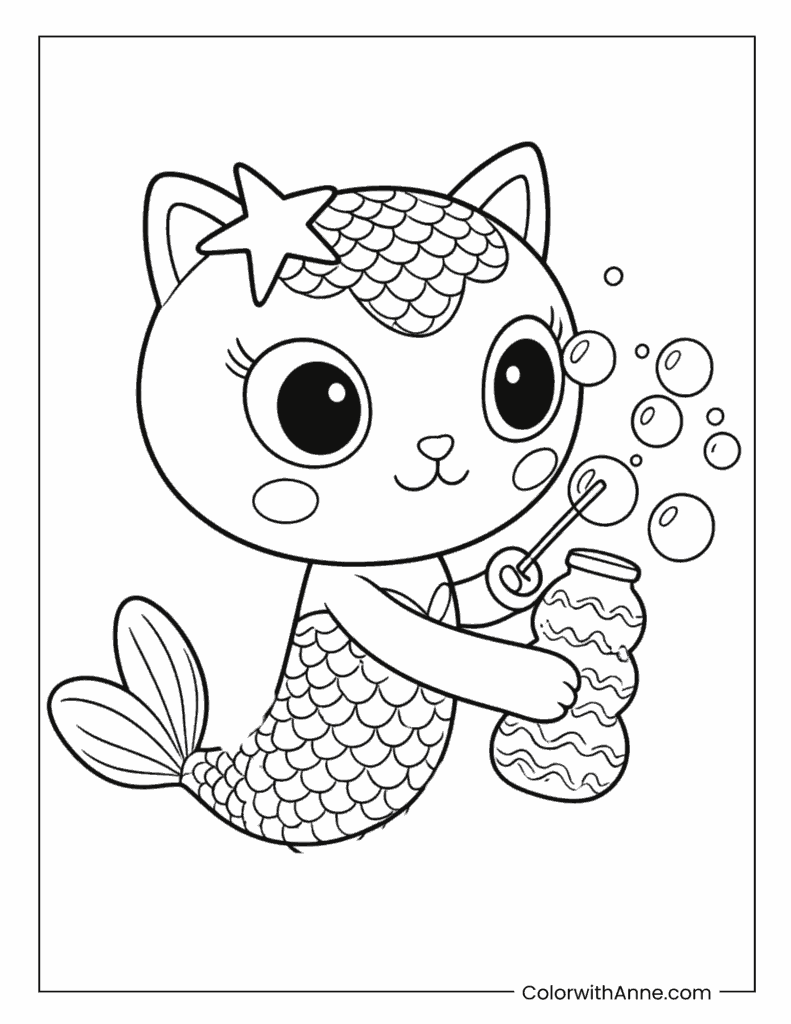 MerCat Blowing Bubbles Coloring Page