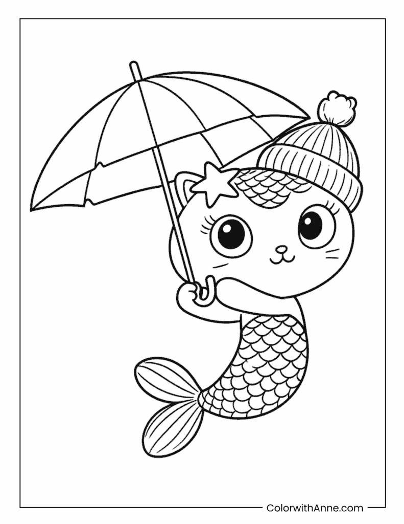 MerCat Holding an Umbrella Coloring Page