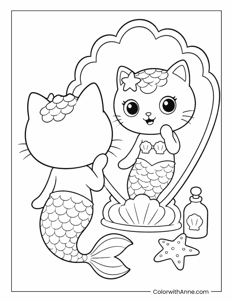 MerCat Looking in a Seashell Mirror Coloring Page