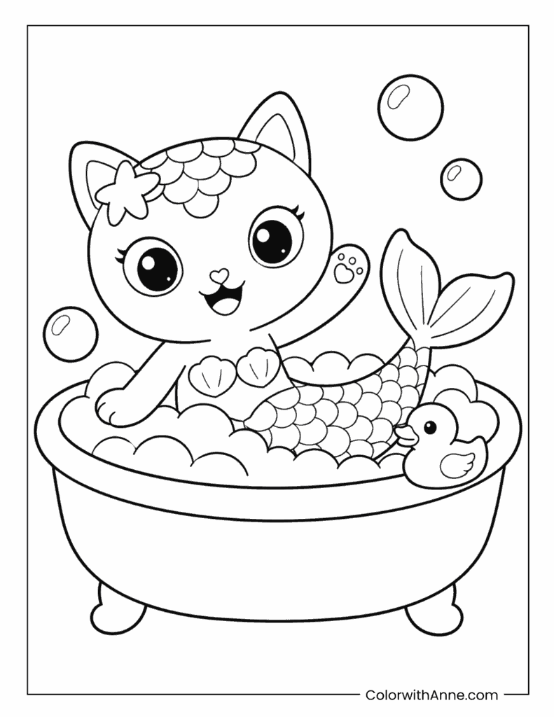 MerCat Taking a Bubble Bath Coloring Page