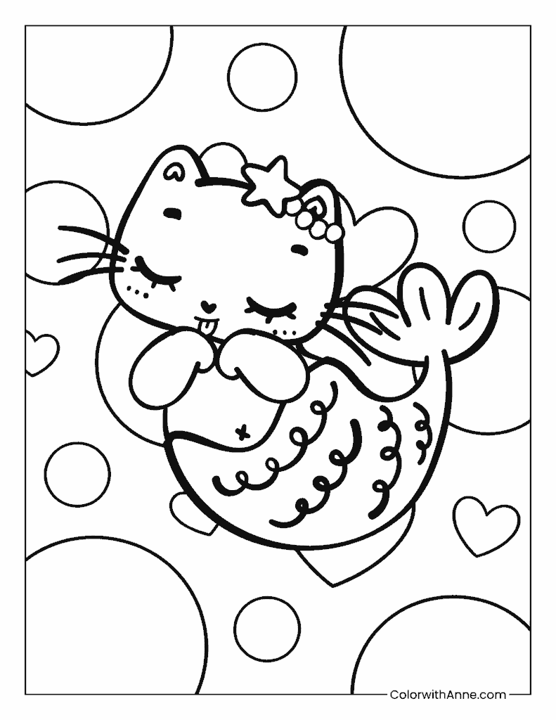 Mermaid Cat with Stars and Hearts Coloring Page