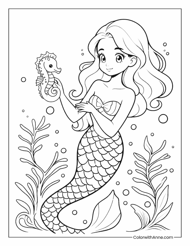 Mermaid Playing with Seahorses Coloring Page