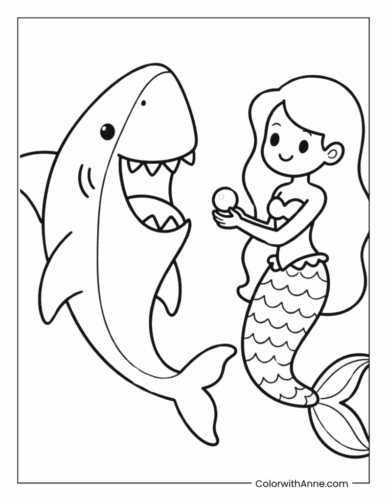 Mermaid and Shark Pals Coloring Page
