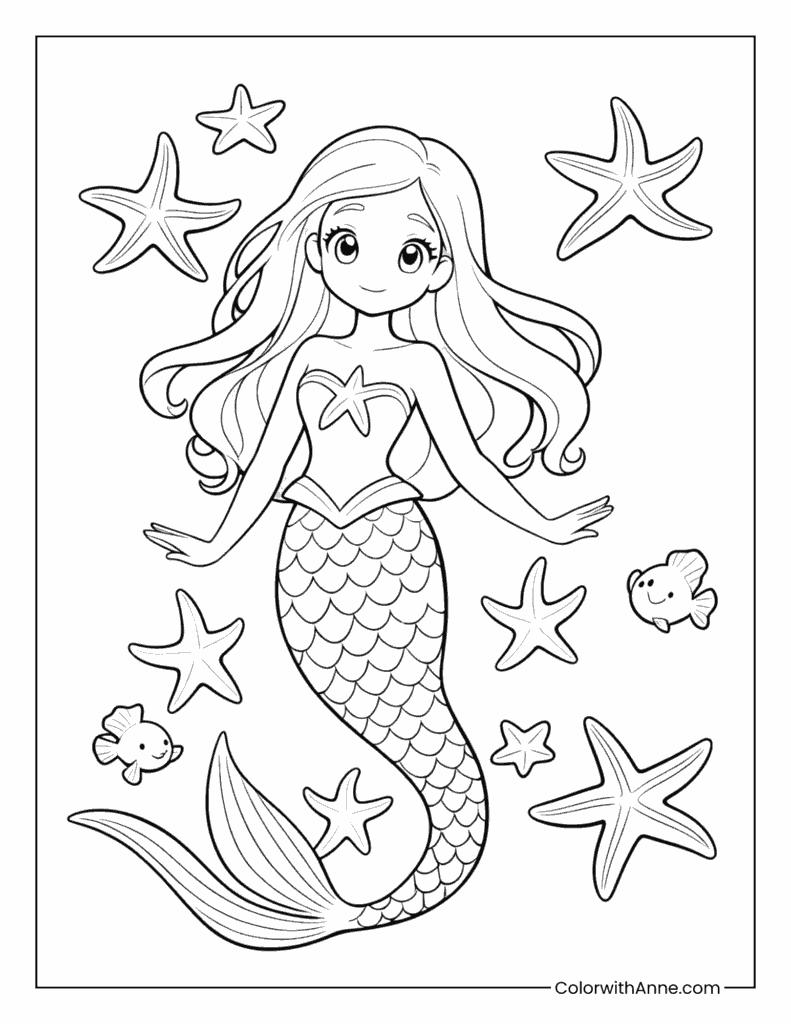 Mermaid and Starfish Coloring Page