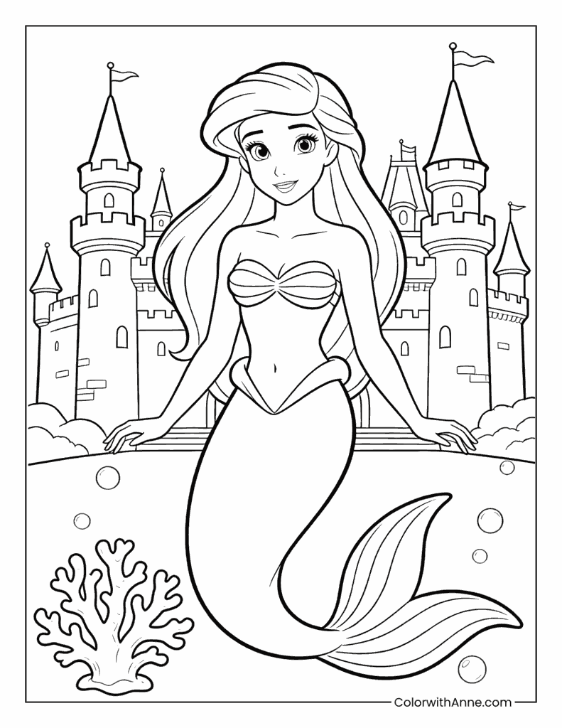 Mermaid in Front of an Underwater Castle Coloring Page