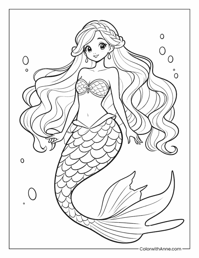 Mermaid with Flowing, Braided Hair Coloring Page