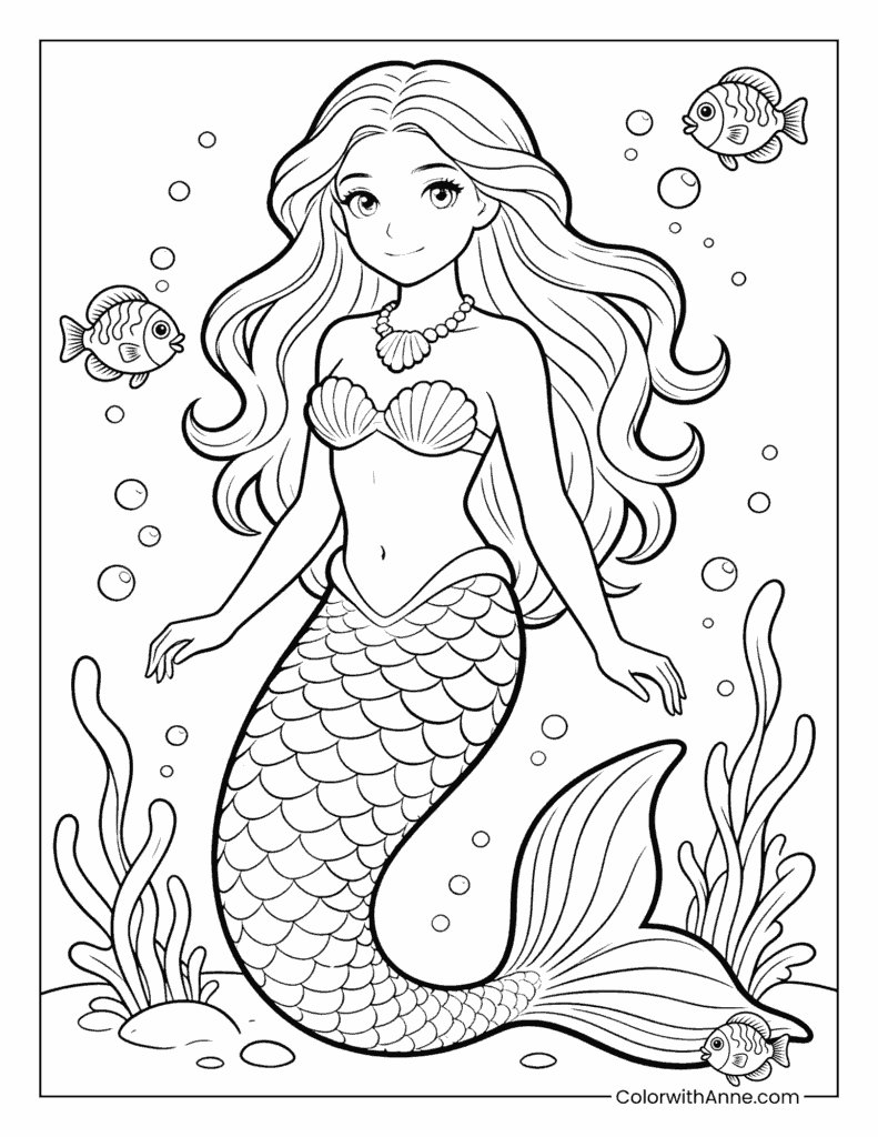 Mermaid with Wavy Hair Among Seaweed and Fish Coloring Page