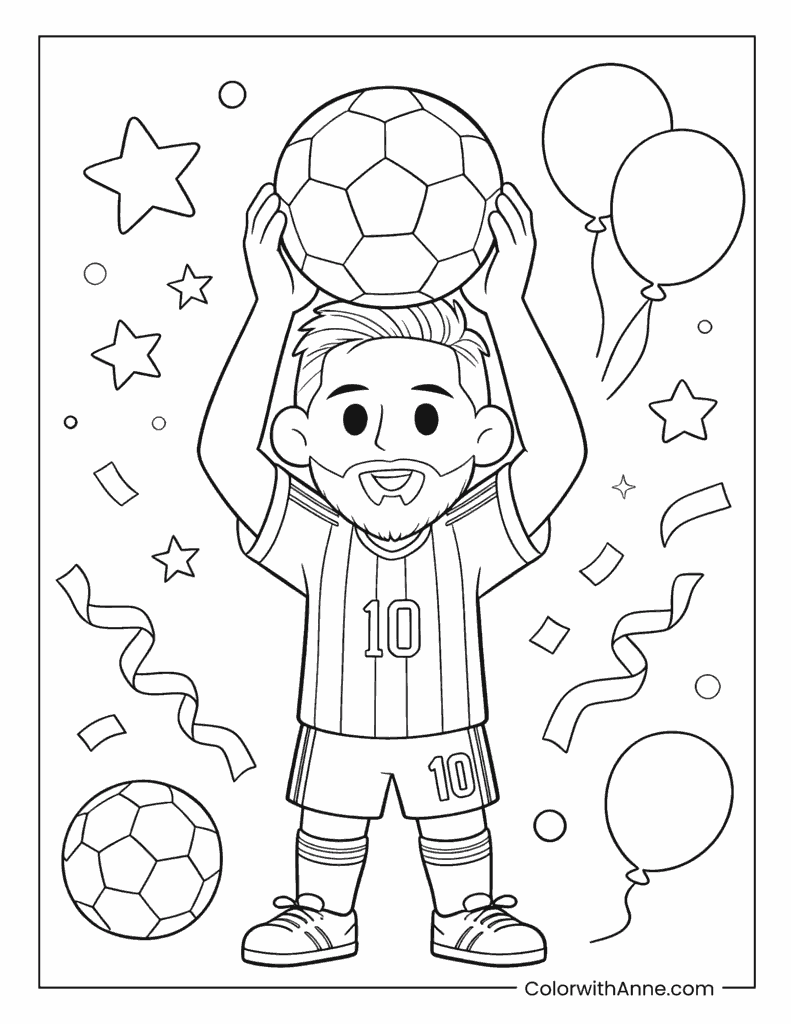 Messi Celebrating with Ball on Head Coloring Page