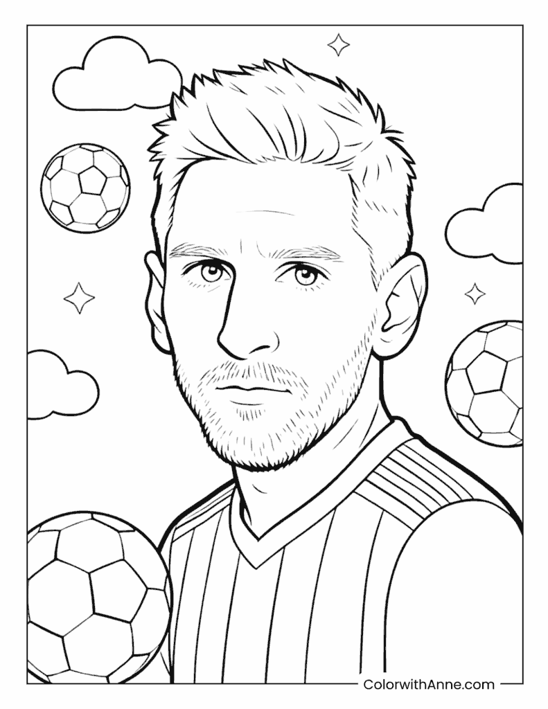 Messi Dreamy Portrait with Clouds Coloring Page