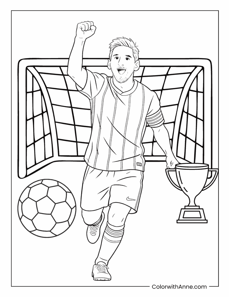 Messi Goal Celebration with Trophy Coloring Page