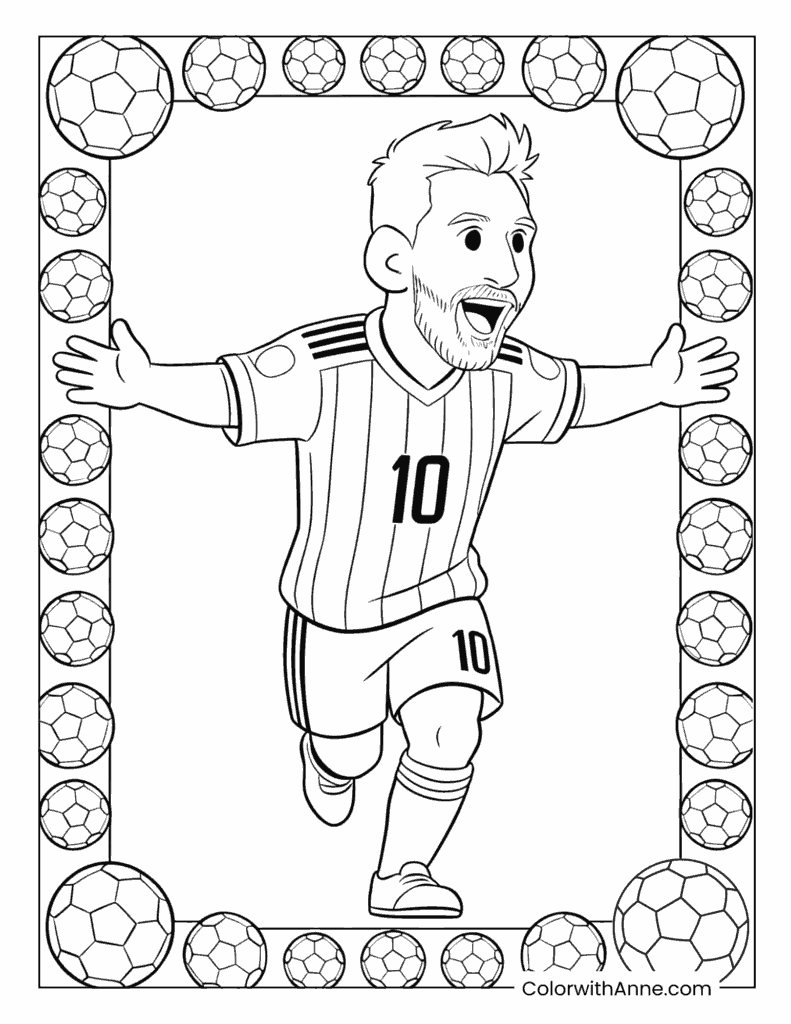 Messi Soccer Ball Frame Celebration Coloring Page